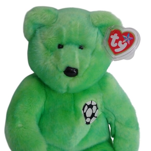 Vtg Ty Beanie Buddy Kicks Bear Soccer Green Stuffed Animal Plush Soft Toy 14" - Picture 4 of 13
